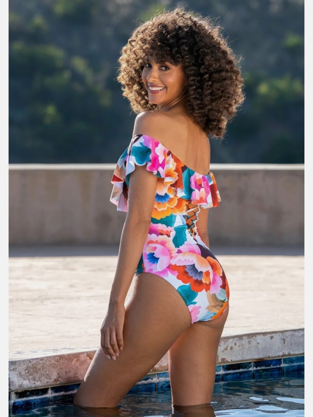 $135 LA BLANCA Floral Off-The-Shoulder Ruffle Ruched One-Piece Swimsuit 16 New